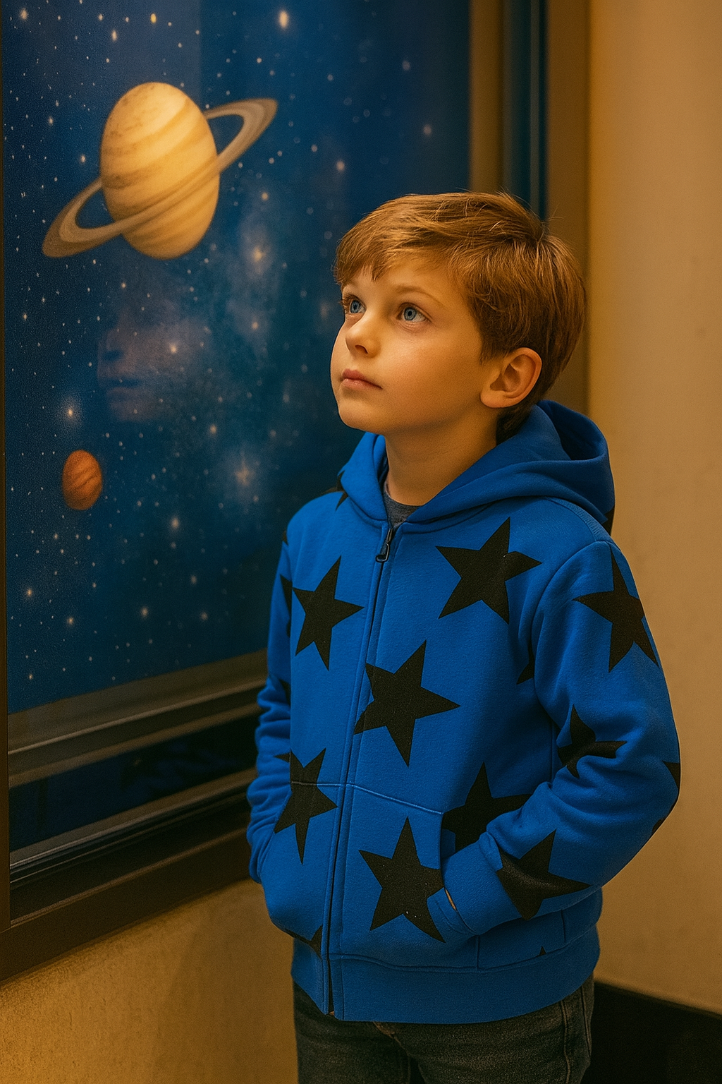 Bright blue boys’ hoodie jacket with black star pattern, zip-up front and cozy winter design