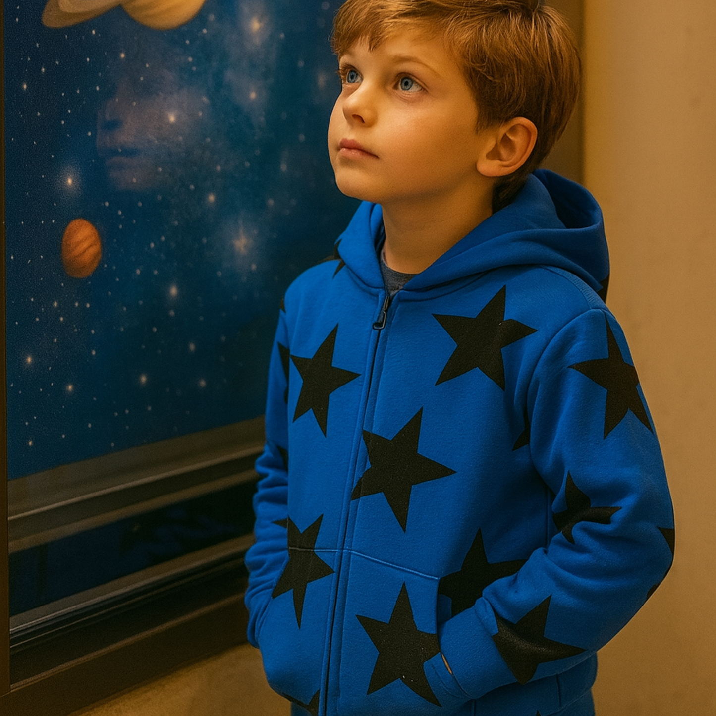 Bright blue boys’ hoodie jacket with black star pattern, zip-up front and cozy winter design