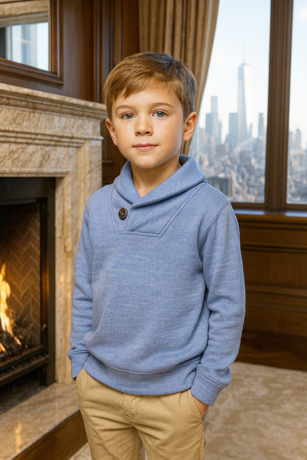 Boy’s Light Blue Shawl Collar Sweater – Ribbed Knit Pullover with Button Detail