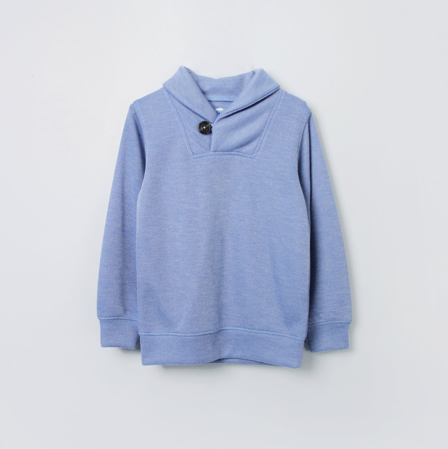 Boy’s Light Blue Shawl Collar Sweater – Ribbed Knit Pullover with Button Detail