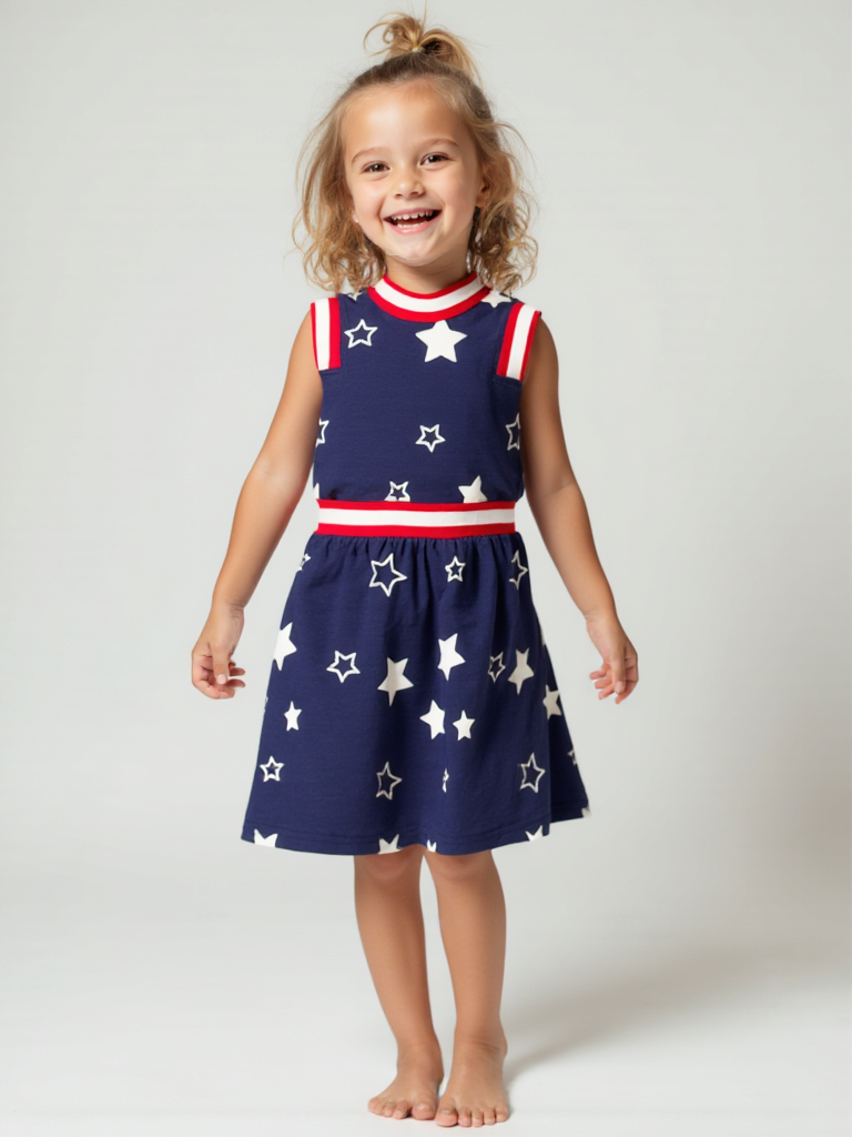 Girls' Sleeveless Navy Dress with White Star Print and Patriotic Red Trim – Summer Party Outfit

💫 Product Description
Add a touch of starry charm to her wardrobe with this girls' sleeveless navy dress, designed with a crisp white star print and eye-catching red and white striped accents. The lightweight, breathable fabric makes this dress a perfect choice for summer playdates, family outings, or 4th of July celebrations.
Featuring a fitted bodice with contrasting trim around the neckline and sleeves, plus