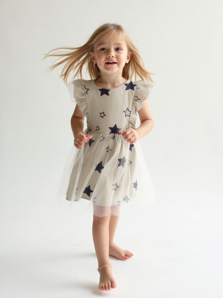 Grey Star Ruffle Dress for Girls  Age 2–6  Playful & Comfortable
